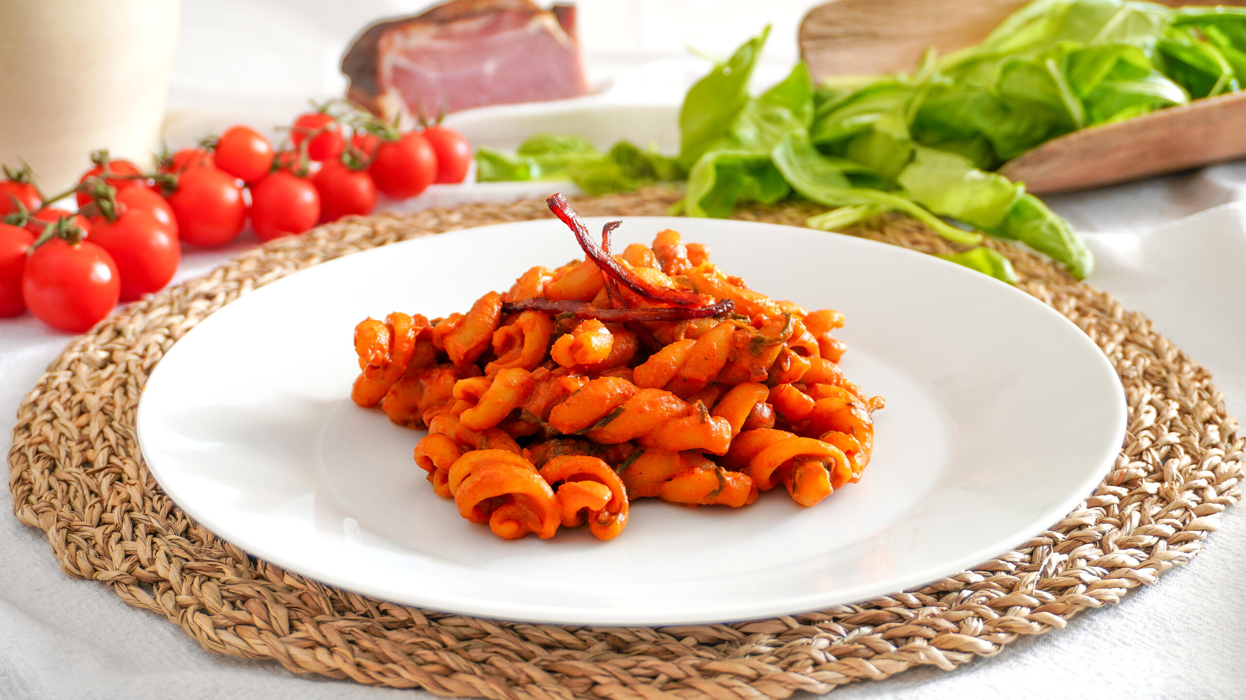 Fusilli with speck and Swiss chard