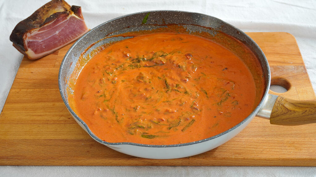 Fusilli with speck and Swiss chard