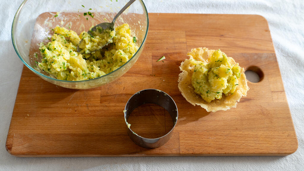 Mustard Potatoes on Parmesan Wafer