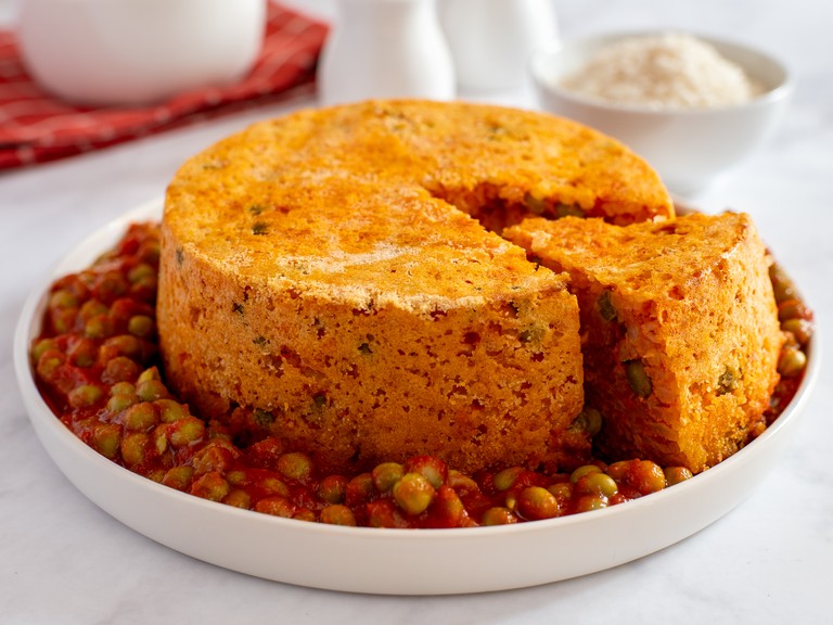 Timballo de arroz con guisantes