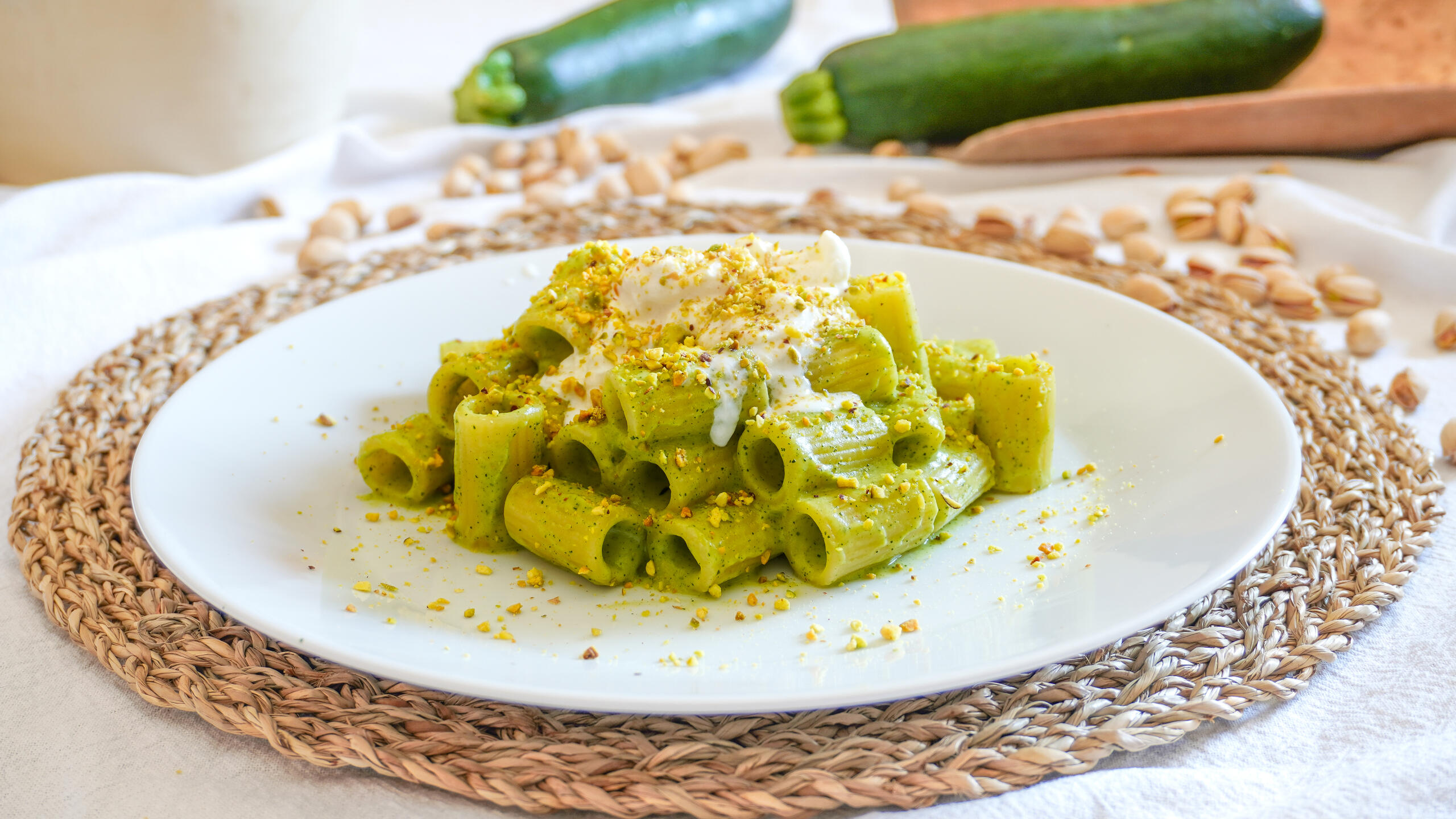 Paccheri aux courgettes, burrata et pistaches